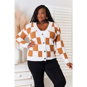 DOUBLE TAKE Small Camel White Check V-Neck Dropped Shoulder Cardigan Sweater